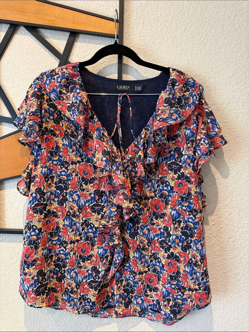 Lauren Ralph Lauren Navy Floral Ruffle Tie-Front Blouse